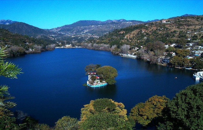 Bhimtal Lake with island aquarium in Nainital district 