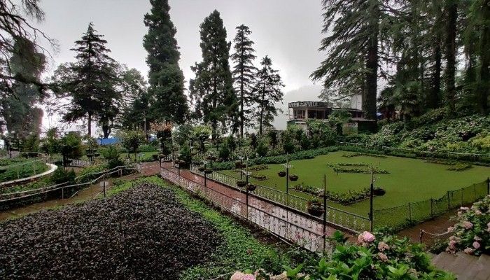Company Garden Mussoorie with well-maintained lawns, flower beds, and tall pine trees