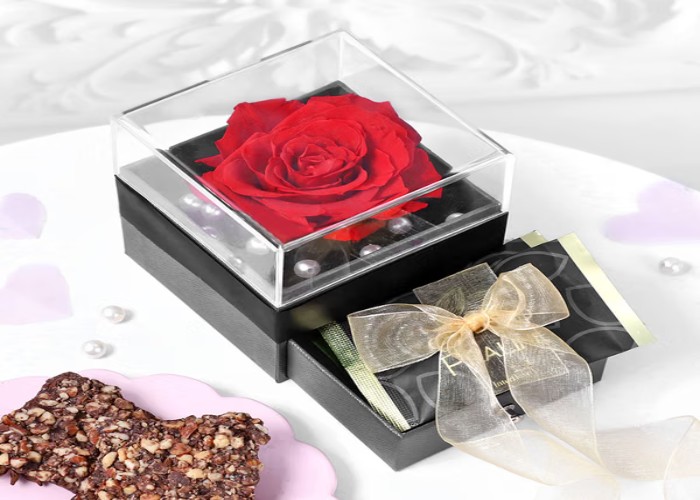 A single rose with a forever-preserved bloom, retaining its natural beauty and vibrant color