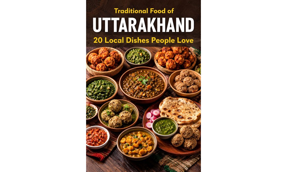 “Assorted traditional Uttarakhand dishes and sweets on a rustic table”