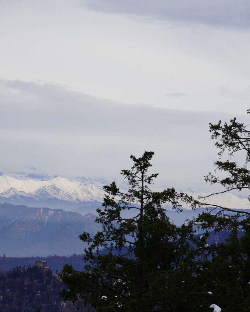 Beautiful landscape of Shimla, the Queen of Hills, with snow-capped mountains and pine forests
